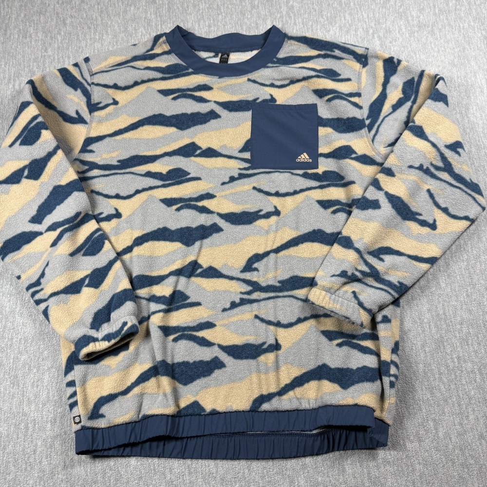 Adidas Fleece Sweatshirt Mens M Blue Tan Camo Print Crewneck Pullover Top